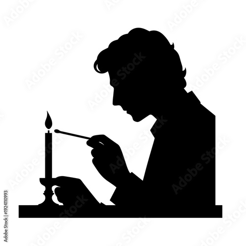 Silhouette man lighting candle in quiet contemplation
