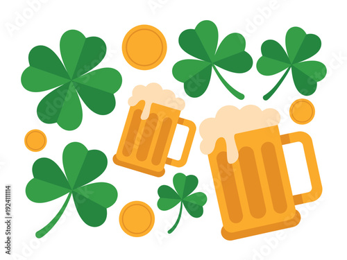 Assorted collection of shamrocks, frothy beer mugs, and golden coins scattered across a white background for celebration.