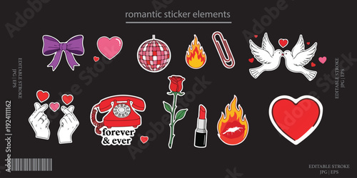 Love stickers vector set, romantic hearts bow rose illustration