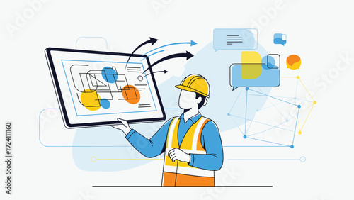Construction engineer in a safety vest and hard hat holds a large digital tablet displaying blueprints and data flow diagrams.