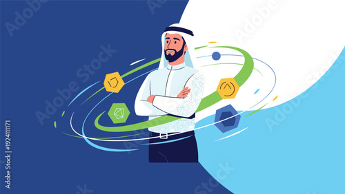 Middle Eastern businessman in traditional clothing standing with arms crossed surrounded by orbiting colorful technology and business icons.