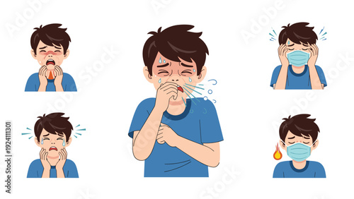 Young boy showing various symptoms of illness including sneezing, fever, coughing, and wearing a medical mask to prevent spread of virus or flu.