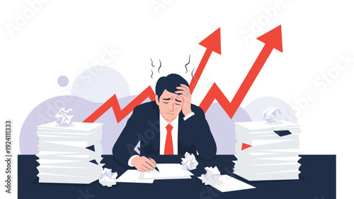 Stressed businessman sitting at a desk with piles of paperwork and crumpled documents against a background of rising red business growth arrows.