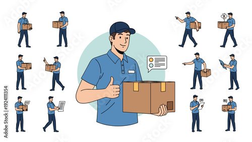 Set of delivery man characters in blue uniform carrying packages, checking documents, and giving a thumbs up sign for excellent logistics service.
