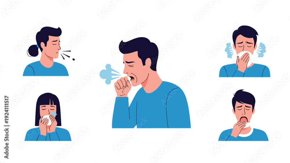 Obraz premium Group of illustrated characters showing men and women suffering from seasonal allergies or colds with symptoms like sneezing and coughing.