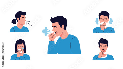 Group of illustrated characters showing men and women suffering from seasonal allergies or colds with symptoms like sneezing and coughing.