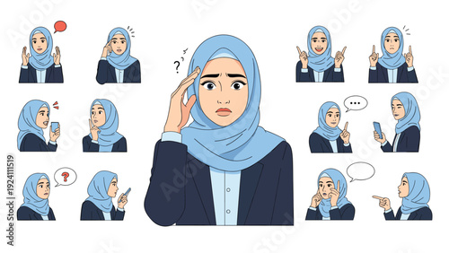 Set of character illustrations of a professional woman in a blue hijab expressing various emotions and using common hand gestures.