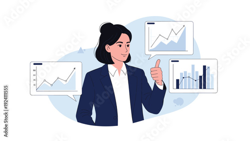 Successful businesswoman in a dark suit gives a thumbs up gesture while standing in front of three distinct financial data growth charts.