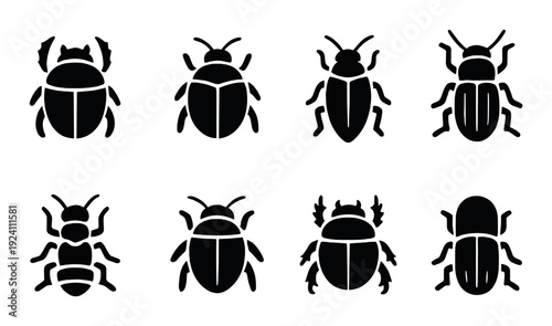 Eight beetle silhouettes arranged in two rows on gray background