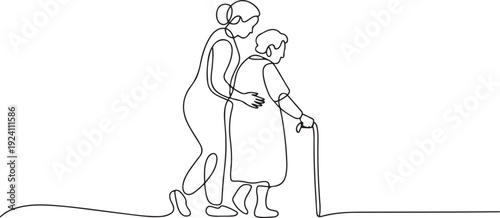 Continuous one line drawing back view, caregiver woman guiding old grandmother walking. A stick is a walking aid. Devotion. Caregiver Appreciation Day. one line Icon drawing