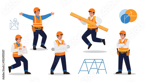 Set of male construction worker characters in safety vests and hard hats in various poses like jumping, carrying wood, and standing.