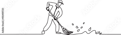 Single one line drawing trash man cleaning trash with broom. Enthusiasm about working to maintain the cleanliness and beauty of nature. Reduce pollution. one line Icon drawing