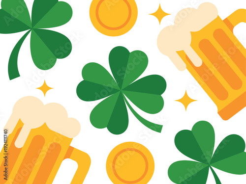 Green clovers, frothy beer mugs, and gold coins form a festive background pattern celebrating Irish heritage.
