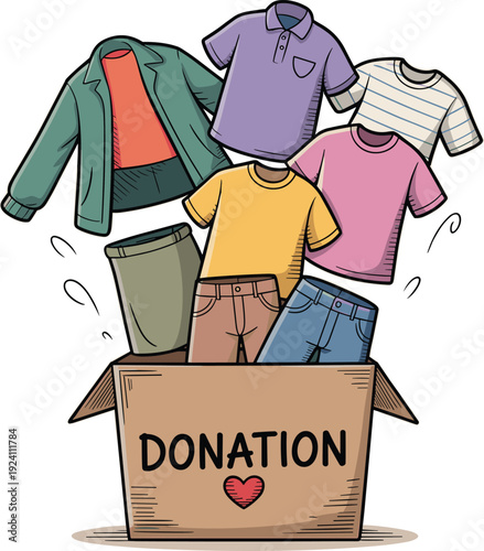 Cartoon illustration of clothes overflowing from a donation box with the word donation and a heart Keywords: donation, box