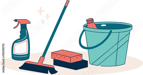 A red plastic cleaning bucket with a blue mop and green brush tool isolated on white for housework
