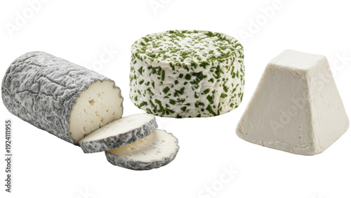 Cuadro en lienzo Isolated selection of artisan cheese, fresh goat cheese, with herbs and natural