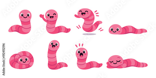 Pink worm characters in various poses on dark gradient