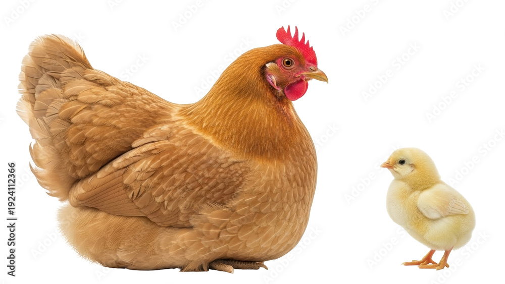 Fototapeta premium Isolated brown hen with a little chick standing next to it looking toward the chicken farm