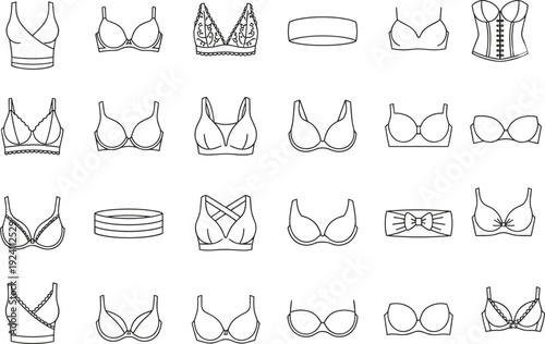 Collection of black and white line art icons representing various styles of bras and bralettes Keywords: bra, bralette, icon
