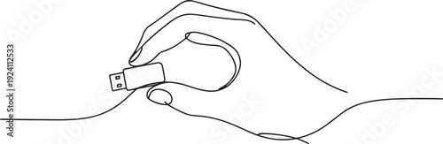 Single continuous line drawing hand is holding a flash drive. Has the largest storage media up to 1TB. Small things with many benefits. National Flash Drive Day. one line Icon drawing