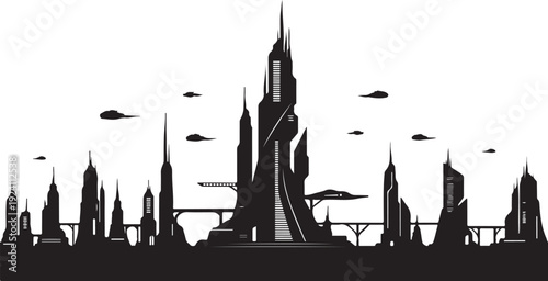 A futuristic cityscape with sleek skyscrapers and flying vehicles in the sky.