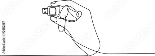 Single continuous line drawing hand is holding a flash drive. Has the largest storage media up to 1TB. Small things with many benefits. National Flash Drive Day. one line Icon drawing