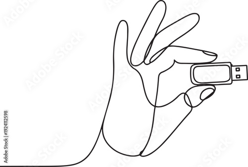 Single continuous line drawing hand is holding a flash drive. Has the largest storage media up to 1TB. Small things with many benefits. National Flash Drive Day. one line Icon drawing