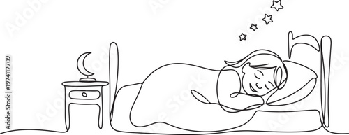 Single continuous line drawing cute girl sleeping on tonight dreams, good night and sweet dreams. Happy little child sleep in bed room. Kid sleeping. one line Icon drawing