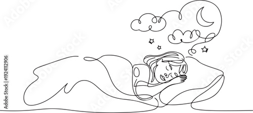 Single continuous line drawing cute girl sleeping on tonight dreams, good night and sweet dreams. Happy little child sleep in bed room. Kid sleeping. one line Icon drawing