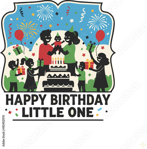 A cheerful family celebrates a little one s birthday with cake presents and festive decorations