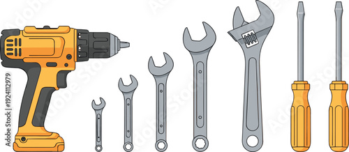 Hand Tools Collection with Electric Drill Wrenches and Screwdrivers Isolated Repair Equipment Vector Illustration Set