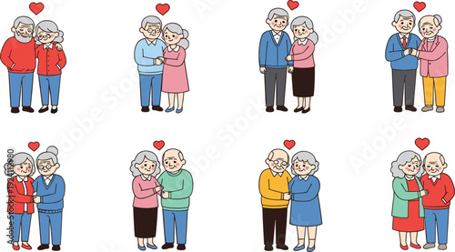 Cute Elderly Couple Collection Vector Illustration Set Showing Senior Man and Woman Hugging with Love Hearts Isolated on White Background