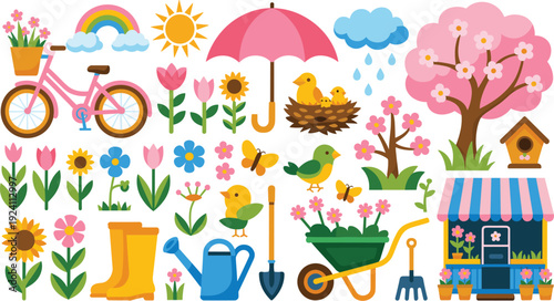 Spring garden elements collection with flowers bicycle umbrella wheelbarrow birds and blooming tree vector illustration set