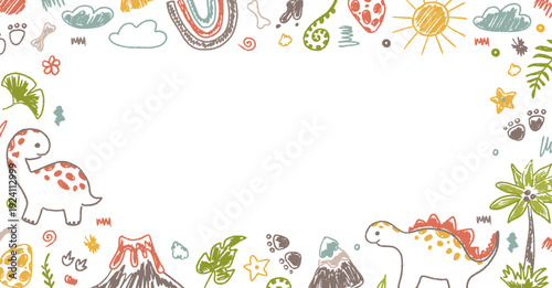 Playful dinosaur themed doodle frame with childlike crayon strokes and pastel colors. Frame crayon kindergarten style perfect for kids designs, preschool layouts and fun educational graphics.