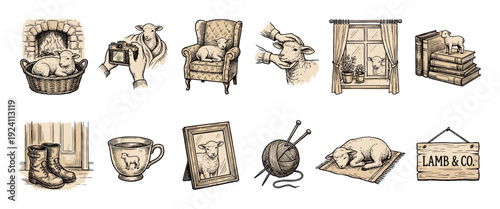 Set of hand-drawn vintage illustrations featuring a cute lamb in various cozy farmhouse scenes like by a fireplace, on an armchair, and with books, isolated on a white background