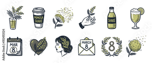Hand-drawn set of Women's Day illustrations with mimosa flowers, a calendar, a woman's portrait, and festive drinks in a vintage sketch style isolated on white