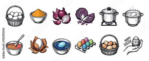 Hand-drawn Easter egg dyeing illustration set showing the process of coloring with natural ingredients like onion, cabbage, and turmeric, isolated on a white background