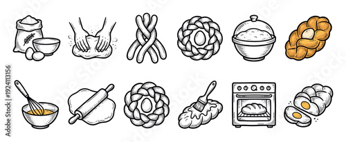 Collection of vintage engraving style icons for bread baking, showing ingredients, kneading dough, a rolling pin, an oven, and braided loaves, isolated on a white background