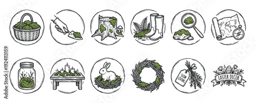 Set of hand-drawn nature icons in a vintage sketch style, featuring forest, gardening, slow living, and Easter elements like a rabbit, wreath, and moss, isolated on white