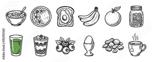 Hand-drawn set of healthy breakfast food icons with oatmeal, avocado toast, fruit, nuts, and tea in a black and white sketch style isolated on white