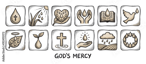 Set of religious Christian icons symbolizing mercy and grace, featuring a cross, dove, heart, and water drops in a vintage hand-drawn engraving style isolated on white