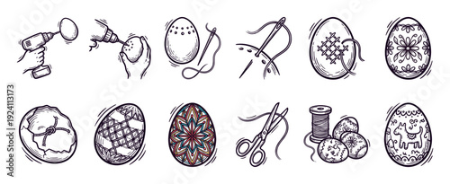 Set of hand-drawn icons illustrating the step-by-step process of embroidering on eggshells for Easter, a unique DIY craft isolated on a white background