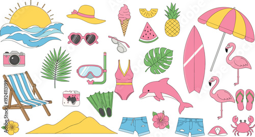 Summer beach clipart collection with surfboard umbrella swimsuit dolphin flamingo and tropical vacation elements vector illustration set
