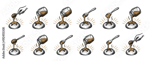 Hand-drawn sketch illustrations of honey pouring onto bread from a jar, spoon, and dipper in a vintage engraving style isolated on a white background