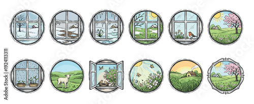 Set of twelve hand-drawn illustrations showing the seasonal transition from winter to spring through a window, with snow, flowers, birds, and landscapes in a vintage engraving style
