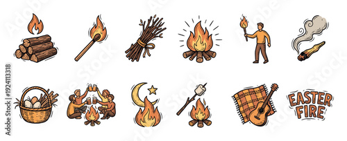Hand-drawn Easter fire and campfire icon set with traditional celebration and camping elements like firewood, marshmallow, and guitar in a vintage doodle style isolated on white