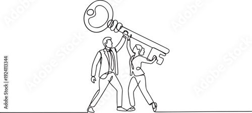 Single one line drawing businessman and businesswoman lift up big golden key, symbol of success. Male and female hold together key. one line Icon drawing