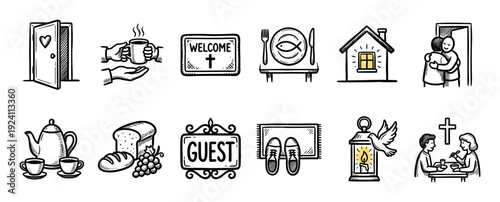 Set of hand-drawn Christian hospitality icons showing welcome, fellowship, and community symbols like a cross, fish, bread, and sharing a meal, isolated on a white background