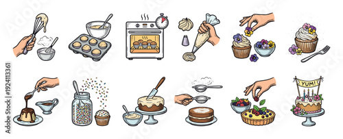 Set of hand-drawn baking illustrations showing the process of making cakes, cupcakes, and tarts from mixing ingredients to decorating the final dessert, isolated on a white background