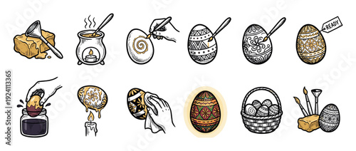 Set of hand-drawn illustrations showing the traditional process of making decorated Easter eggs with a wax-resist method, including tools, dyeing, and finished pysanky in a basket